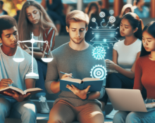 A diverse group of college students engaged in a lively discussion on a university campus.
