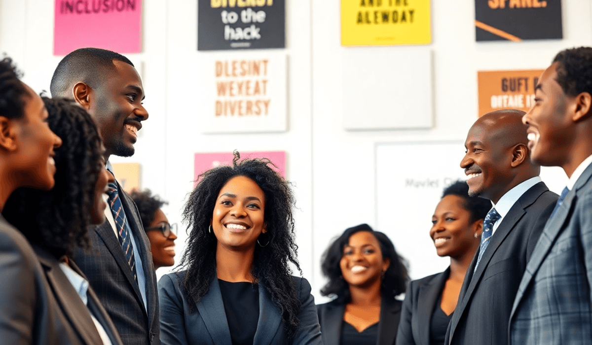 A diverse group of professionals in business attire smiling and conversing in a modern office, surrounded by motivational posters about diversity a...