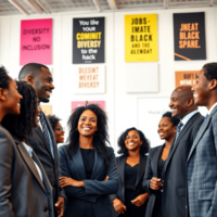 A diverse group of professionals in business attire smiling and conversing in a modern office, surrounded by motivational posters about diversity a...