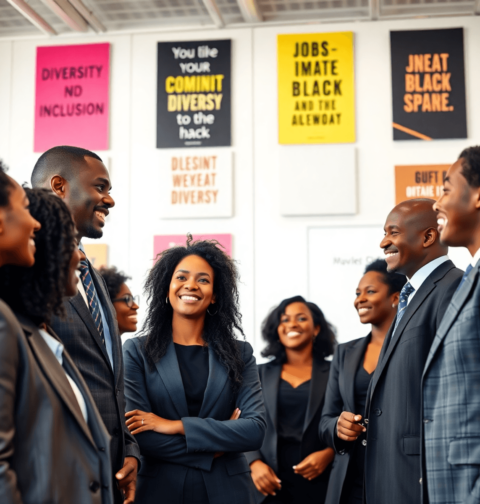 A diverse group of professionals in business attire smiling and conversing in a modern office, surrounded by motivational posters about diversity a...