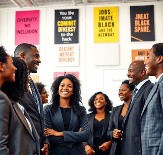 A diverse group of professionals in business attire smiling and conversing in a modern office, surrounded by motivational posters about diversity a...