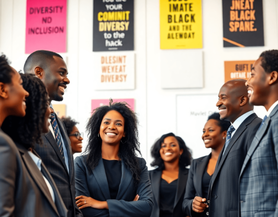A diverse group of professionals in business attire smiling and conversing in a modern office, surrounded by motivational posters about diversity a...