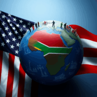 American flag merging with globe highlighting South Africa, featuring diverse immigration and refugee icons symbolizing race, acceptance, and immig...