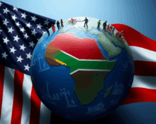 American flag merging with globe highlighting South Africa, featuring diverse immigration and refugee icons symbolizing race, acceptance, and immig...