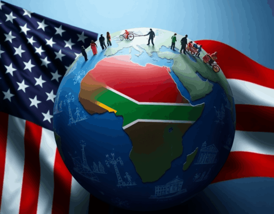 American flag merging with globe highlighting South Africa, featuring diverse immigration and refugee icons symbolizing race, acceptance, and immig...