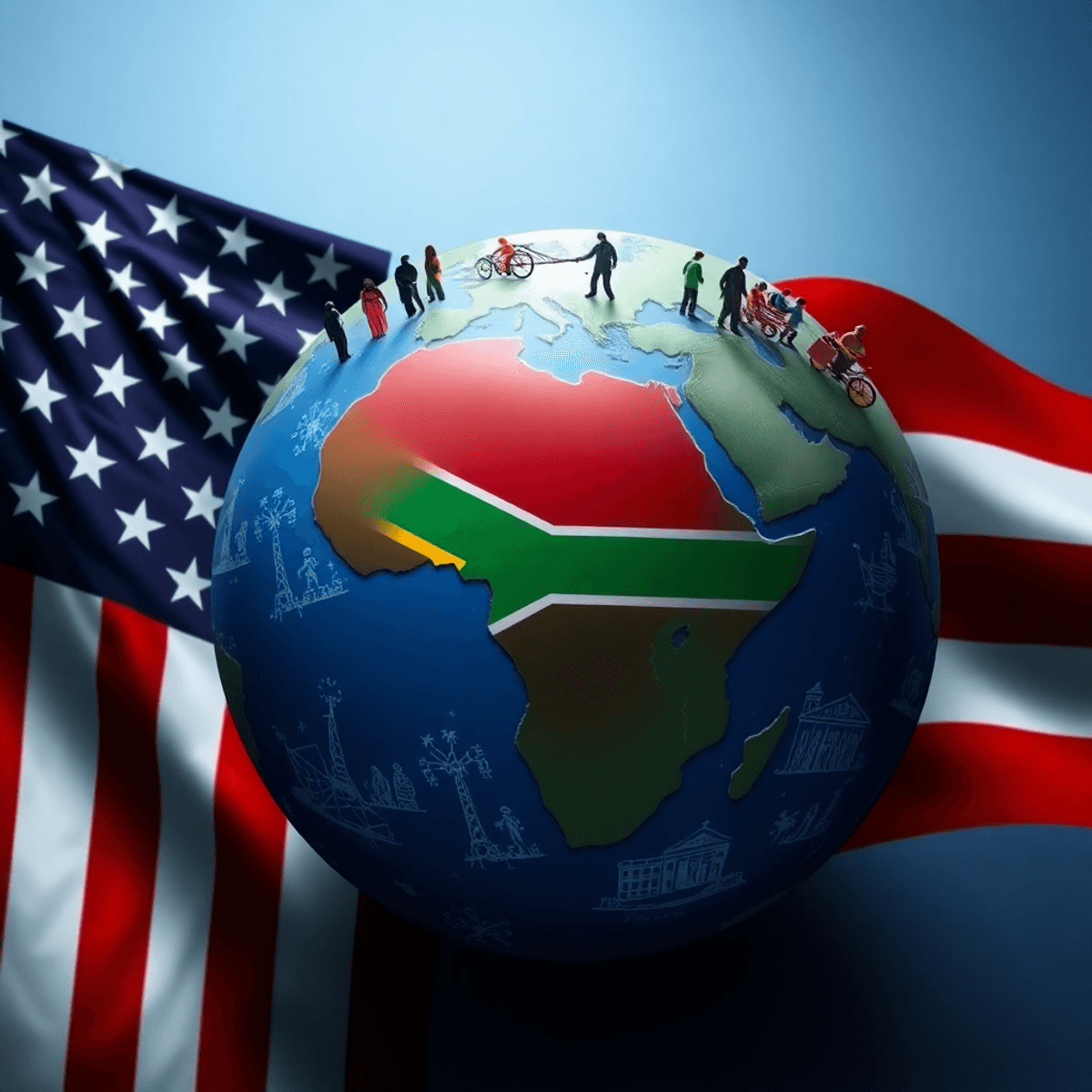 American flag merging with globe highlighting South Africa, featuring diverse immigration and refugee icons symbolizing race, acceptance, and immig...